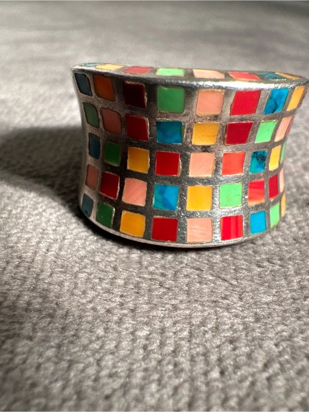 Vtg ZUNI ATI Sterling 925 Wide Band Pastel Mosaic Inlay Statement Ring Sz 7.5